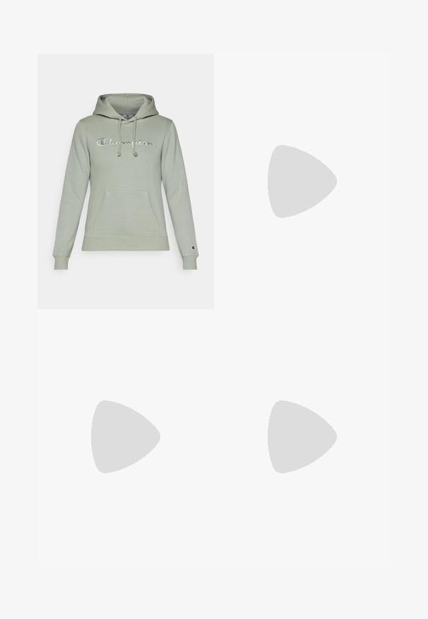 Light green hoodie made of cotton blend, featuring a front pouch pocket, drawstring hood, and embroidered "Champion" logo in white.; White fitted t-shirt with short sleeves, paired with light green elastic waistband pants. Smooth texture, minimalist design, and no visible patterns.; Navy blue leggings made from stretchy material, featuring a high waistband and a sleek, smooth texture, designed for comfort and flexibility.; White athletic shoe with a textured knit upper, a smooth white midsole, and a rubber outsole featuring a subtle pattern.