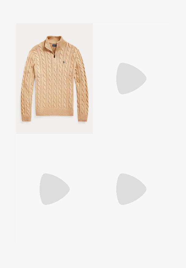 Suéter de punto beige con medio cierre en el cuello, puños y dobladillo acanalados. Presenta un pequeño logotipo azul en el lado izquierdo del pecho.; Camisa de botón a rayas azul claro y blanca, con cuello clásico, mangas largas y un pequeño logo bordado en el pecho.; Pantalones beige claro con un corte recto, hechos de una tela ligera. Presentan un cierre de un solo botón y detalles de costura simples.; Zapato oxford de cuero negro con diseño de cordones, punta redonda, suela de goma plana y un sutil detalle de costura en la parte superior.