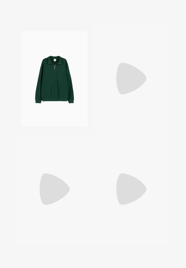 Bershka HIGH NECK - Sweatshirt - dark green; Beige trousers with a straight cut, featuring a single black button, belt loops, and side pockets. Smooth fabric texture and minimal design.; Emporio Armani ICON - Trainers - white; Metal-framed sunglasses with oval green lenses. Thin silver metal frame and black ear tips. Minimalist design, no visible logos.