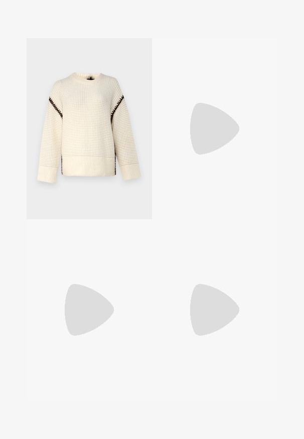Cream sweater with a textured pattern, featuring brown accent stitching along the shoulders and side slits. Long sleeves, round neckline.; Khaki wide-leg trousers made of cotton, featuring a button closure, side pockets, and visible stitching details. Smooth texture.; Brown suede pump with a glossy dark brown crocodile-embossed toe cap and a low, chunky heel. Features a small bow detail at the front.; Black leather tote bag with two long straps, a cinched top, and a gold circular accent. Smooth texture with a minimalist design.