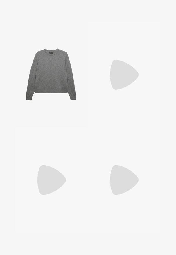 Gray knitted sweater with a round neckline and long sleeves. Features ribbed cuffs and hem, made from soft, textured fabric.; White wide-leg jeans made of denim, featuring a high waist, five-pocket design, and a metal button closure. Smooth texture, no patterns.; Black leather open-toe slide sandal with a wide strap and a solid block heel. Features a smooth texture and minimal design.; Black and white striped scarf, made of lightweight fabric. Rectangular shape with even, alternating stripes of varying widths. Soft texture.; Woven brown handbag with a rectangular shape, structured handle, and textured surface. Features a closed top and intricate weaving pattern.