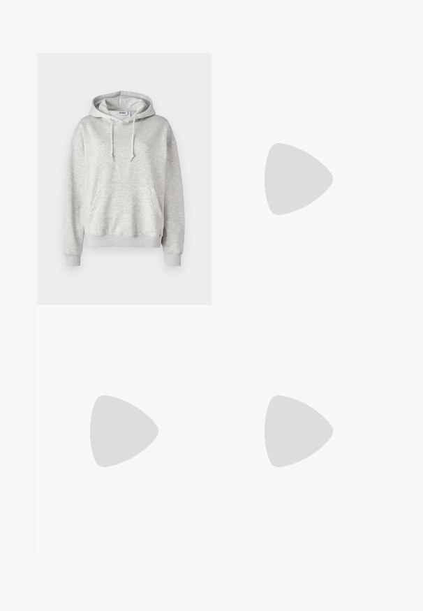 Light gray hooded sweatshirt made of soft cotton blend fabric. Features a front pocket, drawstring hood, and ribbed cuffs and hem.; Beige wide-leg pants made of denim, featuring a high waist, front pockets, and contrasting stitching. The design includes a button closure.; White and brown patterned sneakers with mesh and leather, featuring brown rubber soles. Paired with light beige wide-leg pants.; Black tote bag made of smooth leather, featuring a curved, open top with two shoulder straps and a minimalist design.