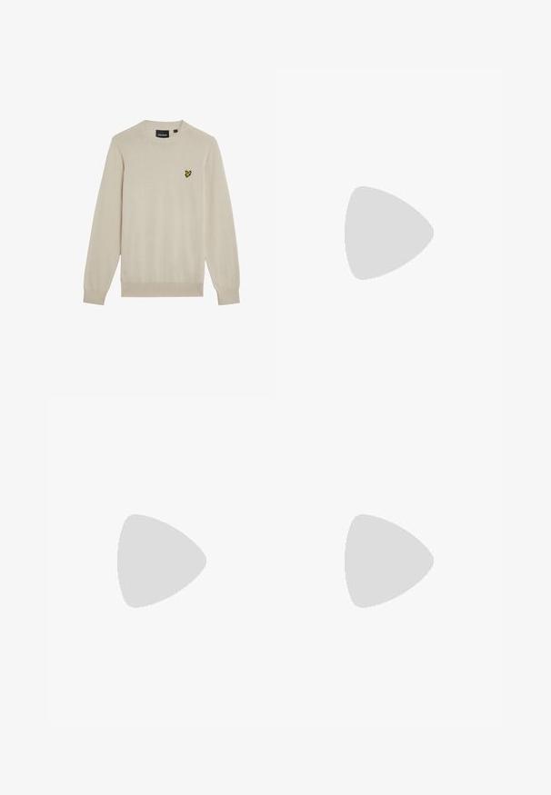 Beige kötött pulóver hosszú ujjakkal és kerek nyakkivágással. A mellkason egy kis sárga hímzett logó található. Puha tapintású.; Fekete csíkos, bő szabású nadrág, pleat-kkel, szabott dizájnnal és puha textúrával. Nincs látható fémrész vagy díszítés.; Szürke velúr sportcipők fehér csíkokkal, kerek orral és gumitalppal. Az oldalon perforációk és texturált sarokpanel jellemzi.; Pikkelyszerű, téglalap alakú napszemüveg sötét lencsékkel, vastag acetát keretekkel és szögletes templomokkal. A márkaneve a belső karon található.; Ezüst színű rozsdamentes acél óra texturált karkötővel és kerek számlappal. Fehér számlapja van, fekete órajelzőkkel, és az oldalán koronával.