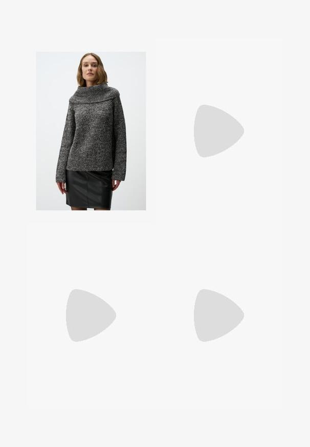 Pull en tricot épais gris foncé et noir avec un col large et replié et des manches longues, associé à une jupe en cuir noire.; Pantalon noir avec une coupe droite, doté de poches avant et d'éclairs sur l'ourlet. Fabriqué en tissu doux et lisse. Convient à diverses occasions.; Escarpins en cuir verni noir avec bout pointu et talon bloc géométrique. Présente un design élégant et minimaliste ainsi qu'une texture lisse.; Sac fourre-tout en cuir noir avec une texture lisse, de forme rectangulaire et deux longues poignées. Pas de matériel ou d'ornementations visibles.