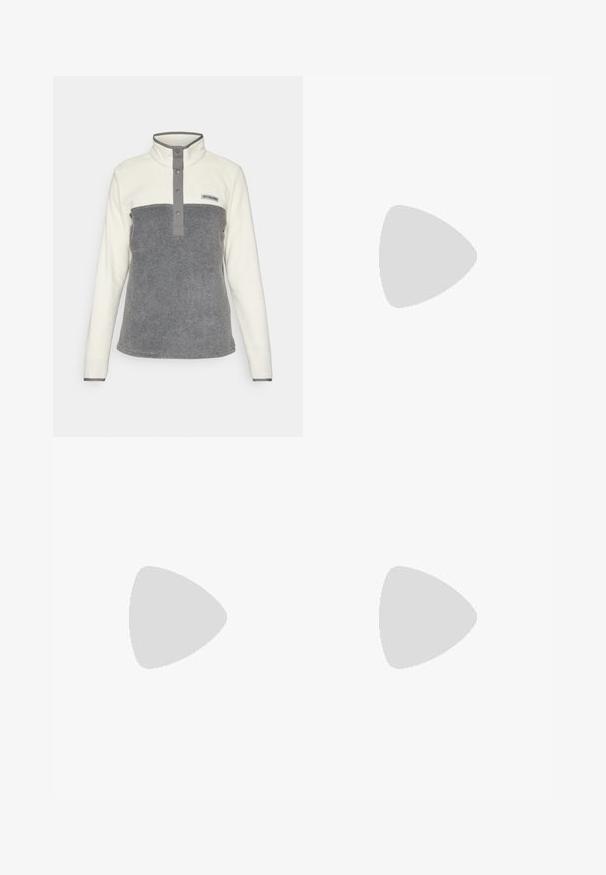 Fleece pullover met een witte bovenkant en een grijze onderpaneel, voorzien van een hoge kraag, drukknoopsluiting en een logo op de borst.; Korte mouwen sport t-shirt, donkergrijs met geperforeerde textuur. Bevat een wit logo en contrasterende zijstrepen. Ronde halslijn.; Zwarte sportshorts met een gelaagd ontwerp, gemaakt van lichtgewicht stof. Voorzien van een elastische tailleband en een klein wit logo aan de zijkant.; Zwarte hardloopschoen met een ademende mesh bovenkant, ronde neus, slank ontwerp, textuuraccenten en een gevoerde zool voor comfort.