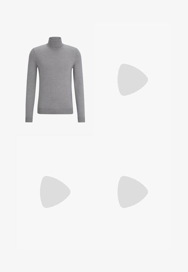 HUGO SAN THOMAS - Svetr - silver; Černá košile s dlouhým rukávem a slim fit střihem, vyrobená z hladké tkaniny. Obsahuje špičatý límec a šest knoflíků vpředu.; Světlounce šedé kalhoty na míru z texturované látky, s jednou zadní kapsou a čistým prošitím.; Černé kožené šněrovací boty s kulatou špičkou, hladkým povrchem, minimálním prošíváním a nízkým gumovým podpatkem. Logo na patě.