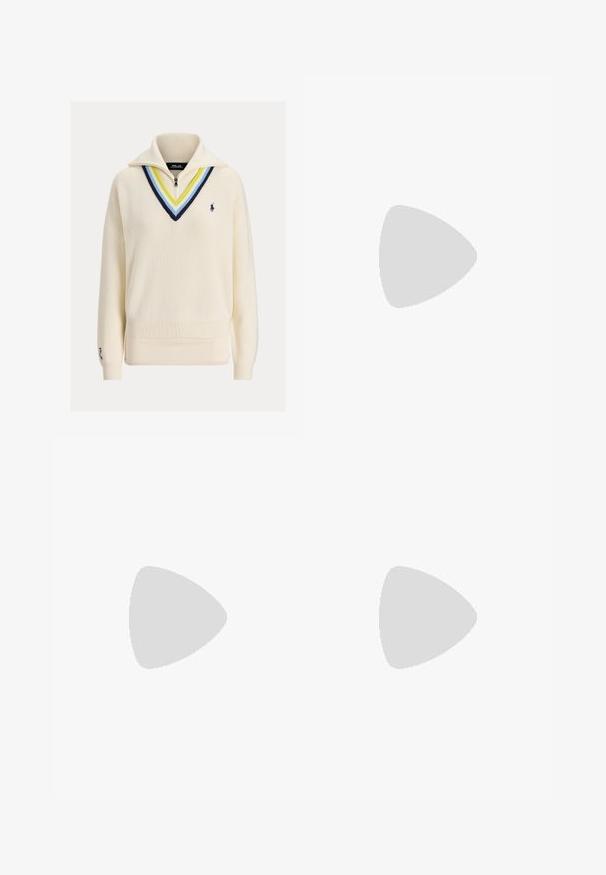 Krémový pletený pulover s vysokým golierom a zipsom. Má viacfarebný dizajn výstrihu do V a logo RLX na manžete.; Polo Ralph Lauren HEMP WIDE LEG PANT - Nohavice - nevis; Čierne patentové slingback topánky na ihlovom podpätku s špicatou špičkou, s textúrovaným hadím vzorom, nastaviteľným popruhom a krátkym, textúrovaným blokovým podpätkom.; Biele kožené kabelka s textúrovaným povrchom, ktorá má zlatý retiazkový popruh a čierne akcenty. Obsahuje prednú kapsu a zipsové zapínanie.