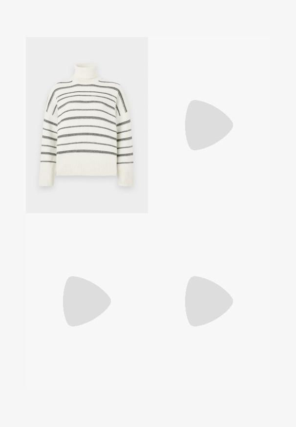 White turtleneck sweater with black horizontal stripes. Features ribbed neck and cuffs. Soft texture, relaxed fit, and knit design.; Light blue denim shorts with a high waist, straight cut, and raw hem. Features a classic button and zipper closure, four pockets.; Black heeled sandal with braided strap design, square toe, and adjustable ankle strap. Light beige footbed with a glossy black heel.; Black leather shoulder bag with a curved shape, zipper closure, and adjustable strap. Features embossed branding on the front.
