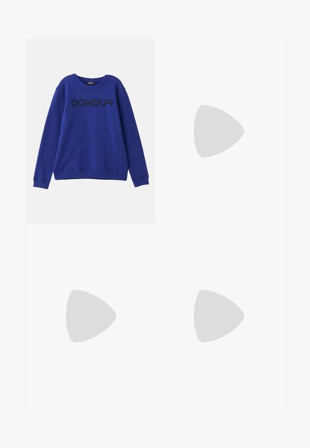 Blue crewneck sweatshirt made of cotton blend, featuring a black graphic print "DON DUP" on the front and ribbed cuffs and hem.; Filippa K TERRY CROPPED TROUSERS - Trousers - sage melange; White leather sneaker with a smooth finish, round toe, flat laces, and a textured sole. Features a subtle logo on the heel.; Black round sunglasses with dark lenses and slim metal arms. Includes clear temple tips and silver accents at the hinge. Minimalist design.