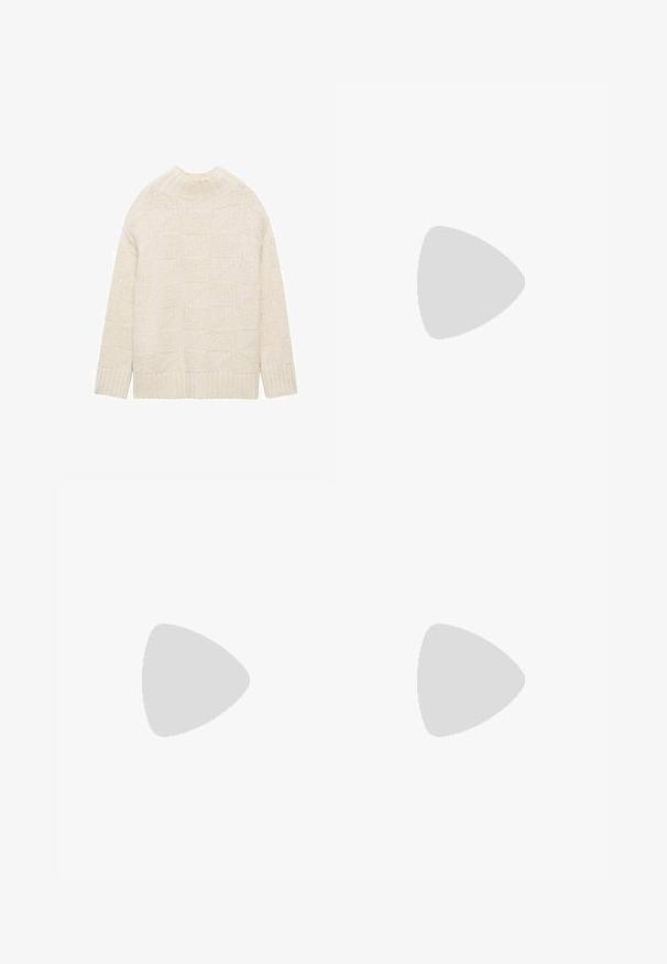 Maglione a maglia crema con un motivo geometrico testurizzato, polsini e orlo a coste, caratterizzato da un collo alto e una vestibilità rilassata.; Due bodysuit smanicati in verde oliva e nero. Realizzati in tessuto morbido, con scollatura rotonda e design a gamba alta.; Pantaloni larghi color beige chiaro con elastico in vita. Tessuto liscio e morbido con una vestibilità ampia, privo di motivi o dettagli visibili.; Sandalo in pelle nera con due cinturini regolabili, suola testurizzata e design audace e massiccio. Presenta un accento del logo sul cinturino.; Borsa a tracolla nera intrecciata con due manici, caratterizzata da una superficie texturizzata e una forma rettangolare. Design semplice e unico senza hardware visibile.