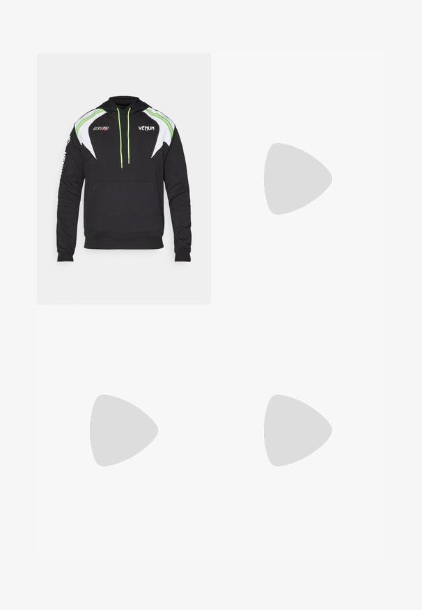 Hanorac negru cu accente albe și verzi lămâie, având buzunar frontal, șnururi și logo-uri pe piept și pe mânecă. Material moale.; Pantaloni scurți de box din satin auriu cu logo-ul negru "VENUM" pe talie și pe lateral, având o textură netedă și o talie elastică pentru confort.; Pantofă sport de tip high-top cu un exterior din plasă neagră și accente bej. Talpă din cauciuc texturat și detaliu logo pe lateral.; Mănuși de box negre cu accente aurii și logo-ul "VENUM". Atletul poartă un tricou negru fără mâneci, evidențiind o fizică musculară.