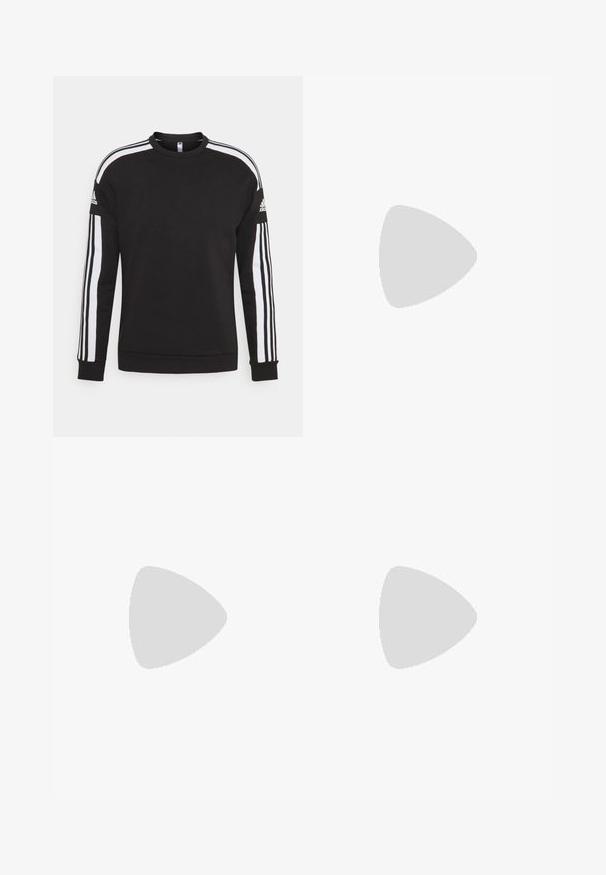 Schwarzer Sweatshirt mit weißen Streifen an den Schultern und Ärmeln, mit gerippten Bündchen und Rundhalsausschnitt. Adidas-Logo auf dem Ärmel.; Weißes sportliches T-Shirt mit kurzen Ärmeln, aus feuchtigkeitsableitendem Material. Mit einem schwarzen Logo auf der linken Brust und einem gemusterten Innenkragen.; Schwarze Sporthose mit einem dehnbaren Bund, weißen Seitenstreifen und einem kleinen weißen Logo auf dem Oberschenkel. Hergestellt aus einem glatten, leichten Material.; Schwarze Sportschuhe mit einem strukturierten Mesh-Obermaterial, weißen Akzentstreifen, einer gepolsterten Sohle und einer verstärkten Ferse für Unterstützung.