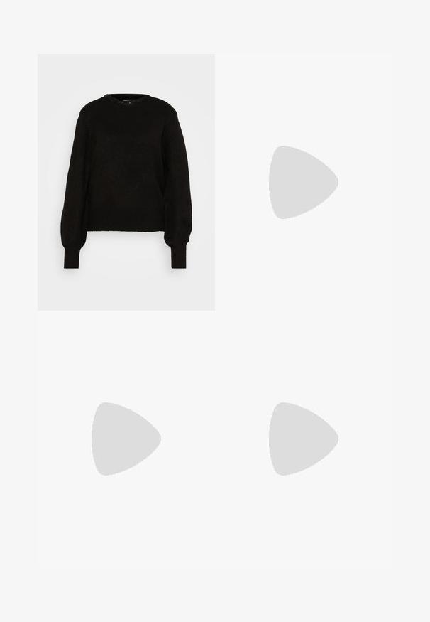 Schwarzer gestrickter Pullover mit rundem Ausschnitt, gerippten Bündchen und Saum. Weiche Textur mit subtiler Transparenz am Kragenrand. Lässige Passform und lange Ärmel.; Schwarze weit geschnittene Hose aus Denim, mit einem strukturierten Bund, Gürtelschlaufen und Fronttaschen. Glatte Textur mit klassischem Design.; Schwarze Lackleder-Slingback-High Heels mit spitzem Schuh und einem geometrischen Blockabsatz. Verfügt über ein schlankes, minimalistisches Design und eine glatte Textur.; Schwarze Lederhandtasche mit geschwungener Form, abnehmbarem Tragegurt und goldenen Beschlägen. Die Tasche verfügt über einen Deckel mit einer Schnallen-Details.