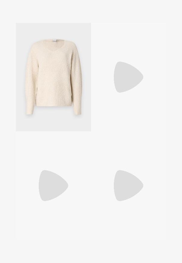 Light beige sweater in soft, textured fabric. Features a V-neck, long sleeves, and side slits for ease. Simple, minimalist design.; Navy pleated skirt with a wide waistband, made from a smooth fabric. Features vertical pleats and falls to mid-calf length.; White sneaker made of smooth synthetic material, featuring a rounded toe, lace-up design, flat sole, and subtle perforated detailing.; Brown faux leather shoulder bag with curved shape, minimal stitching, and a gold-tone hardware accent. Features a top zipper closure and adjustable strap.