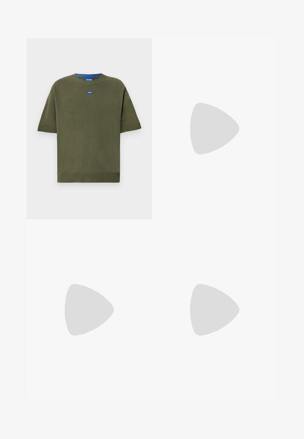 Olive green short-sleeve sweater with round neck, ribbed cuffs, and blue logo accents at the chest and neck. Soft, smooth texture.; Black tailored trousers with a straight fit, made from smooth fabric. Features belt loops and crease detail along the front.; White leather sneakers with a smooth finish, rounded toe, flat laces, and a textured sole. Grey suede accent at the heel.; Clear plastic sunglasses with rectangular brown lenses, featuring thin, transparent arms and metal accents on the temples.