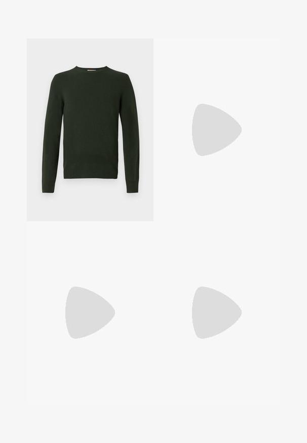 Dark green knitted sweater with long sleeves, a crew neckline, and a smooth texture. No visible patterns or hardware details.; Long-sleeved white cotton shirt with a round neckline, side slits at the bottom, and a smooth texture, displayed from the back.; Light blue denim jeans with a straight-leg design, five pockets, button closure, minimal fading, and contrasting stitching details.; White sneaker with a smooth leather upper and a low profile. Features a rounded toe, six eyelets, and a textured rubber sole.