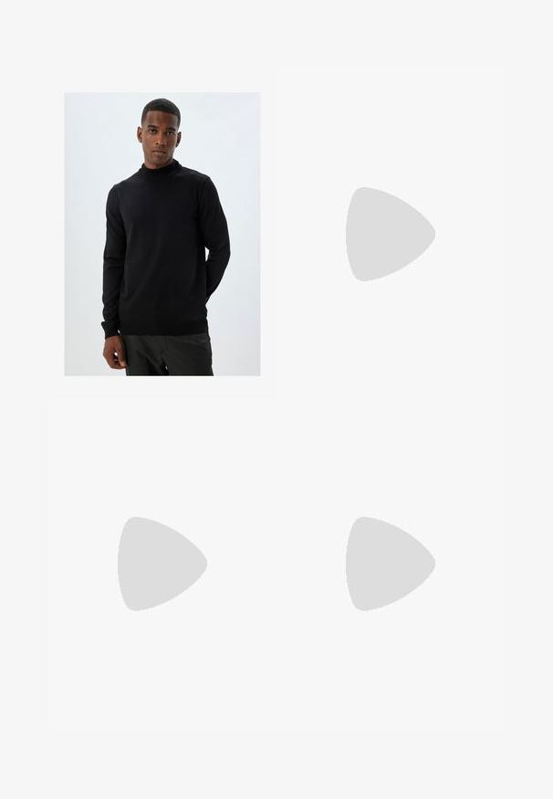 Maglione a collo alto di colore nero realizzato in un morbido tessuto lavorato a maglia, con maniche lunghe, design aderente e dettagli a costine sul colletto e sull'orlo.; Pantaloni da jogger neri con vita elasticizzata, polsini alle caviglie e un piccolo logo Nike bianco sul lato sinistro. Realizzati in un morbido tessuto testurizzato.; Scarpa sportiva nera con tomaia in tessuto testurizzato, il logo Nike bianco e una suola spessa bianca. Presenta un occhiello sul tallone per indossarla facilmente.; Occhiali da sole in plastica nera con lenti verdi, montatura quadrata, dettaglio argento sulla parte superiore e steli con texture. Marchio indicato sulla parte interna dello stelo.