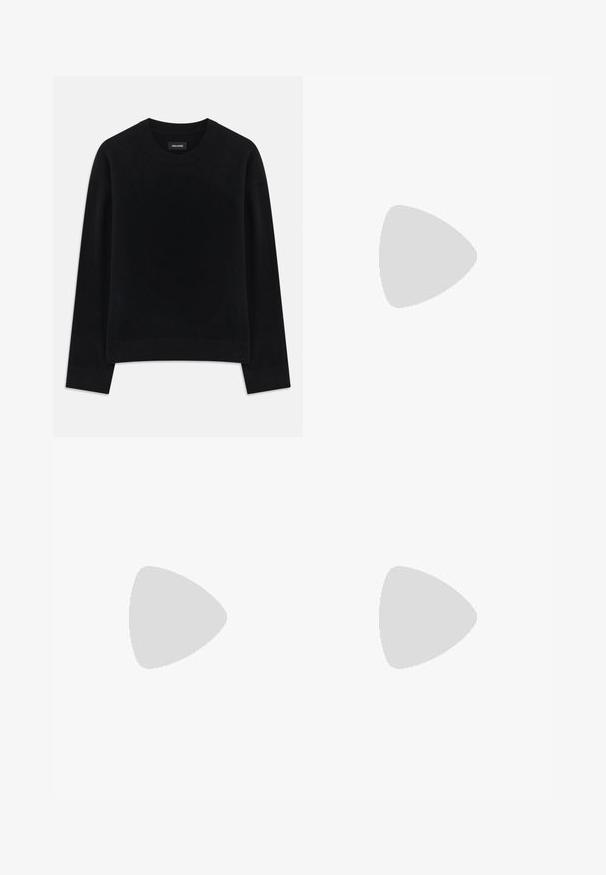 Black sweater made of soft fabric, featuring a crew neck, long sleeves, relaxed fit, and ribbed hem. Simple, solid design with no patterns.; Filippa K TERRY CROPPED TROUSERS - Trousers - sage melange; Black leather loafers with a smooth texture, rounded toe, and a decorative strap across the vamp. Low stacked heel, minimalist design.; Black round sunglasses with dark lenses and slim metal arms. Includes clear temple tips and silver accents at the hinge. Minimalist design.