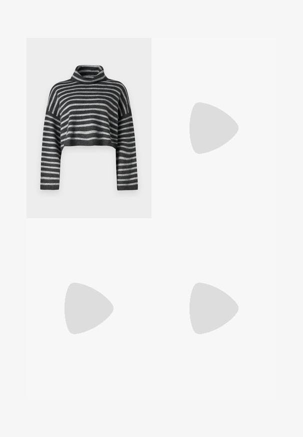 Lyhyt turtleneck-neule harmaassa ja mustassa raidassa. Pehmeä rakenne, jossa pitkät hihat ja löysä malli. Kevyt neulottu materiaali.; Mustat hihattomat yläosat, joissa on kauluskanta, valmistettu sileästä kankaasta. Ominaisuuksiin kuuluvat ohuet säädettävät hihnat ja levenevä, virtaava siluetti.; Musta lakattu nahkasaapas, jossa on teräväkärkinen malli, leikattuja sivuja, säädettävä nilkkain ja ohut, virtaviivainen korko.; Aurinkolasit kissansilmällä, joissa on matta musta muovikehys, tummat linssit ja kultainen logokiinnitys temppeleissä. Kulmikas muotoilu ja sileä pinta.