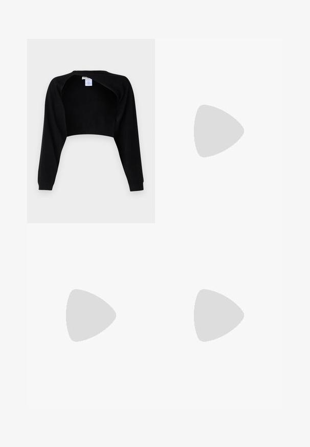pure cashmere BOLERO TWO-WAY - Pulóver - black; Fekete, testhezálló nadrág egyenes szárú kivitelben, sima textúrával és éles redőkkel az elején. Nincs látható fémalkatrész.; Fekete bőr slingback magassarkúk, hegyes orral, vékony sarkakkal és arany színű részlettel a állítható pánton. Simа felület.; Fekete bőr kézitáska, strukturált dizájnnal, rövidített formával, felső fogantyúval és arany színű kiegészítőkkel. Állítható vállpánt is tartozik hozzá.