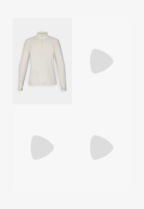 Champion HALF ZIP TOP - Fliisdžemper - beige; Valge ümar kaelusega T-särk, mis on valmistatud puuvillast, lühikeste varrukatega ja vasakus rinnas on väike tikand. Pehme tekstuur.; Heled hallid puuvillased dressipüksid, ribidega mansetid, vertikaalne tumesinine "Champion" logo ja peene tekstuuriga. Mugavuseks elastne vöökoht.; Valged spordijalatsid, millel on sile sünteetiline pealmine osa, must logo aktsent ja perforatsioonid külgedel. Kummikreen.