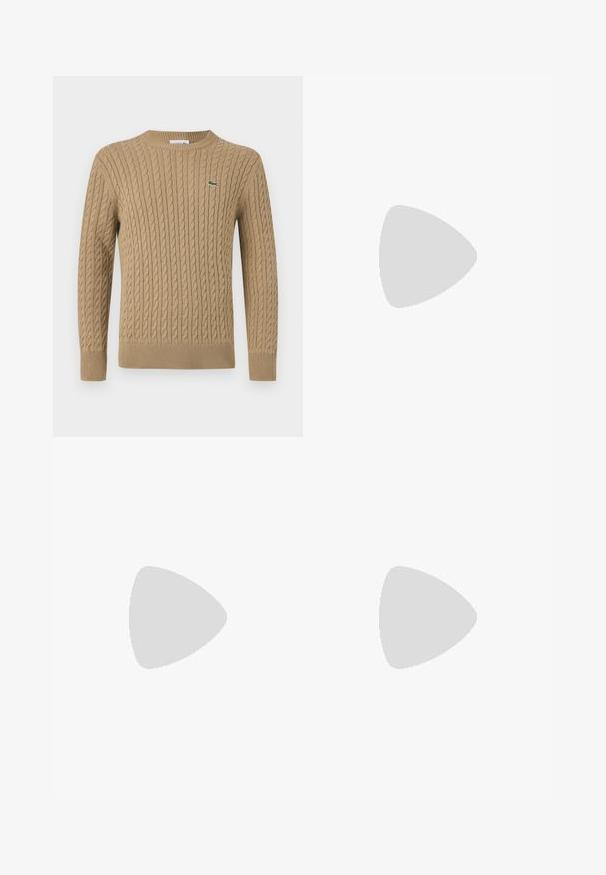 Suéter em malha de cabos bege com gola redonda, punhos e bainha canelados, apresentando um pequeno logotipo verde do lado esquerdo do peito. Textura suave.; Camisola preta de manga longa feita de algodão, com decote redondo e um pequeno logótipo de crocodilo bordado em verde no lado esquerdo do peito.; Jeans de denim azul claro com um corte solto, pernas retas, design de cinco bolsos e fecho de botão na cintura. Detalhe de costura minimalista.; Ténis Lacoste em cinza-escuro com material em malha e sintético, apresentando uma sola texturizada e detalhes castanhos na gola e na marca.