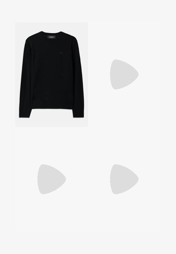 Suéter negro de cuello redondo hecho de tejido suave. Presenta mangas largas y un sutil detalle del logo D2 en la parte delantera. Diseño simple y clásico.; Pantalones negros con una tela ligera y texturizada, diseño de pierna recta, cinturilla elástica y bolsillos laterales con cremallera.; Zapatillas bajas blancas con parte superior de cuero texturizado, suela de crema estriada y acento de talón en color tostado. Presentan cordones blancos y detalle del logotipo en el talón.; Gafas de sol estilo aviador negras con lentes oscuros, marco de metal delgado y brazos de plástico esbeltos con acentos de logotipo.