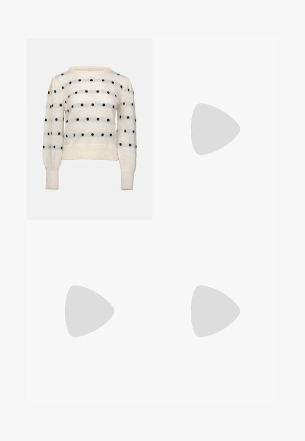 White knitted sweater featuring horizontal stripes and black polka dots. Round neck, long sleeves, ribbed cuffs and hem. Soft texture.; Brown wide-leg trousers with a smooth texture, featuring a high waist and front pleats. The fabric is lightweight and flows loosely.; Black patent heeled sandals with a square toe, ankle straps, and silver buckles. Features a chunky block heel for stability.; Brown leather tote bag with a smooth texture, open top design, and two shoulder straps. Features minimal stitching and no visible hardware.