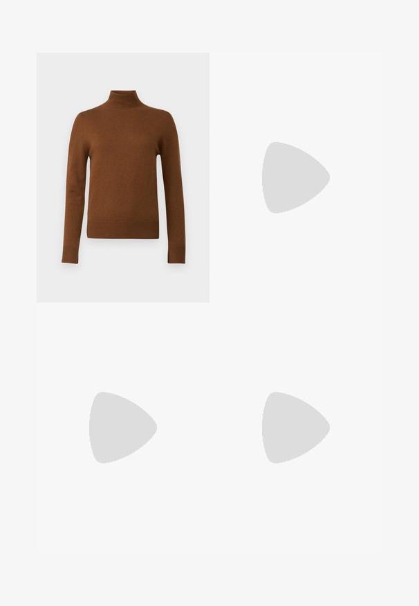 pure cashmere SIMPLE HIGH NECK SWEATER - Džemperis - deep camel; Melnas pielāgotas bikses ar taisnu kāju dizainu, kas raksturojas ar gludu faktūru un asiem krokām pa priekšu. Nav redzamu metāla detaļu.; Melnas ādas slingback zābaki ar smailu purngalu, ar šauru papēdi un zelta krāsas akcentu uz regulējama siksniņas. Gluda tekstūra.; Melnas ādas roku soma ar struktūru, ar īsu formu, augšējo rokturi un zelta aksesuāriem. Iekļauta regulējama plecu siksna.