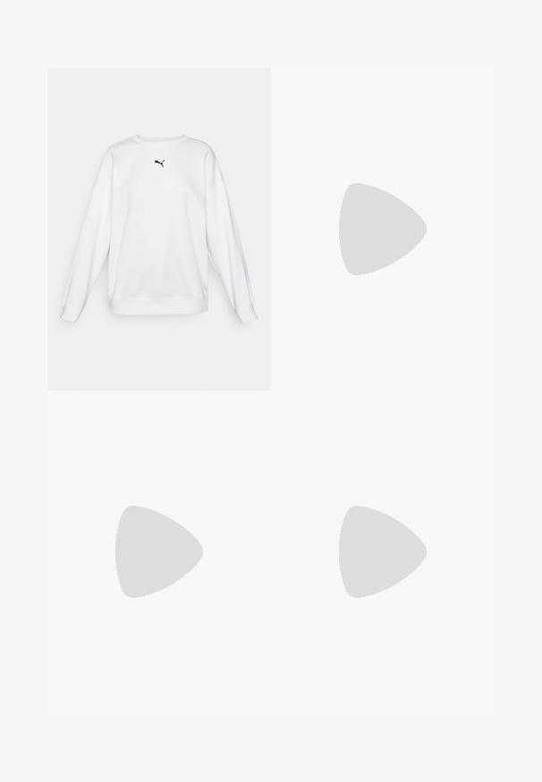 Witte sweatshirt van zacht materiaal, met een ronde hals, lange mouwen en een klein zwart Puma-logo op de borst.; Zwarte cropped t-shirt met korte mouwen, met een strak design, een textuur van kant en een wit Puma-logo op de voorkant.; Zwarte sportleggings van rekbare stof, met een hoge tailleband, zijzakken en een klein reflecterend logo op de linkerdij.; Zwarte sportschoen met een gestructureerde bovenkant, elastische banden en een dikke witte tussenzool. Heeft een grijze accent langs de zool.
