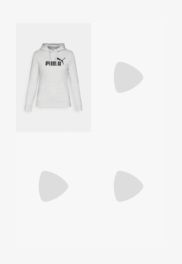 Šedá mikina s kapucňou vyrobená z jemného materiálu, s veľkým čiernym logom "PUMA" a klokaniou vreckom vpredu. Dlhé rukávy.; Čierny športový top s dlhými rukávmi vyrobený z hladkej tkaniny, s okrúhlym výstrihom, bielym logom Puma a jemnými perforovanými detailmi po stranách.; Čierne legíny vyrobené z elastického materiálu, s vysokým pásom a bielym logom potlačeným na dolnej časti ľavej nohy. Hladký povrch.; Čierne športové topánky s textúrovaným zvrškom, elastickými pásikmi a hrubou bielou medzipodrážkou. Obsahujú sivý akcent pozdĺž podrážky.
