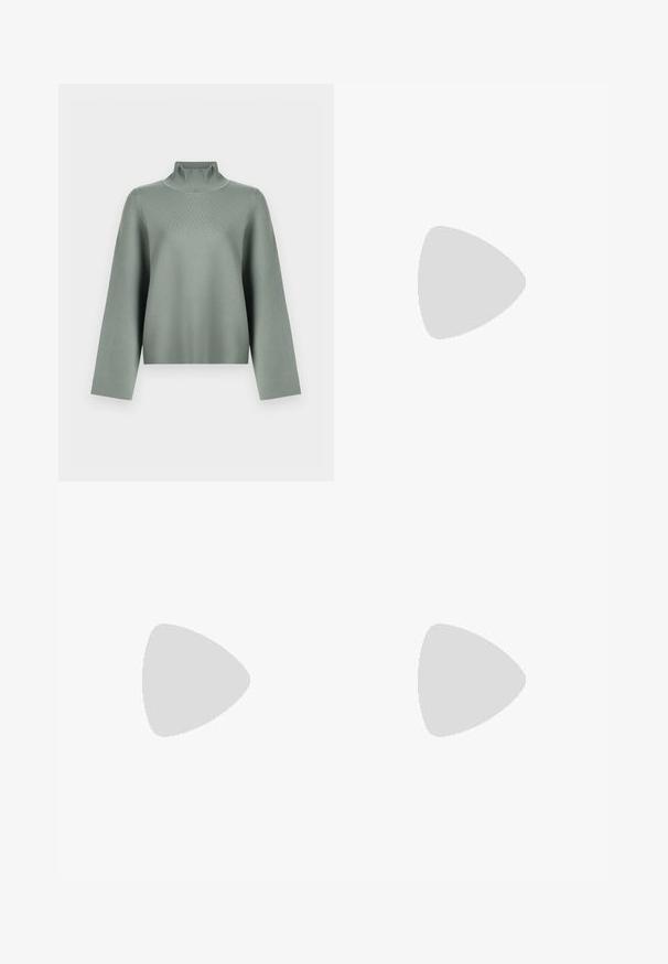 Heled sage roheline kootud sviiter pikemate laiade varrukatega ja kõrge ribaga turtleneck kraega valgel taustal.; Mustad mustad püksid, mis on valmistatud denimist, struktuurse vöökohtade, vöökootidega ja esikottidega. Sile tekstuur klassikalise disainiga.; Mustad mustad ansapüksid, mis on valmistatud siledast nahast, külje zipperiga, paksu tekstuuriga kontsaga ja ümmarguse nina disainiga.; Mustmust mustraha kõverate joontega, eemaldatava rihmaga ja kuldsete detailidega. Kotil on klapp, millel on pandladetail.