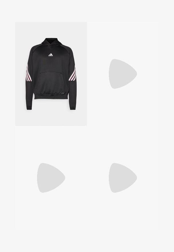 Black hoodie made of lightweight fabric, featuring a kangaroo pocket, rubberized logo, and contrasting red and white stripes along the sleeves.; White athletic t-shirt with short sleeves, made from moisture-wicking fabric. Features a black logo on the left chest and a patterned interior neckline.; Black athletic pants with a stretchy waistband, white side stripes, and a small white logo on the thigh. Made from a smooth, lightweight material.; Black athletic shoes with a textured mesh upper, white accent stripes, a cushioned sole, and a reinforced heel for support.