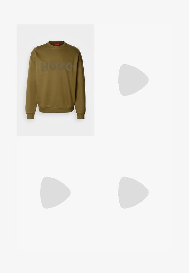 Felpa verde oliva con collo rotondo, polsini a costine e grande logo opaco che riporta la scritta "HUGO" sul davanti. Tessuto morbido, vestibilità comoda.; T-shirt bianca a maniche corte con il testo "HUGO" in stile fiamma blu e verde sul petto, scollatura rotonda e etichetta interna blu.; Pantaloni cargo neri in cotone con vestibilità comoda, dotati di tasche laterali, chiusura a bottone e gambe dritti. Design semplice senza motivi.; Stivale alla caviglia nero con finitura liscia, pannelli laterali elastici e un tab di presa rosso a contrasto, dotato di una suola in gomma spessa e punta arrotondata.