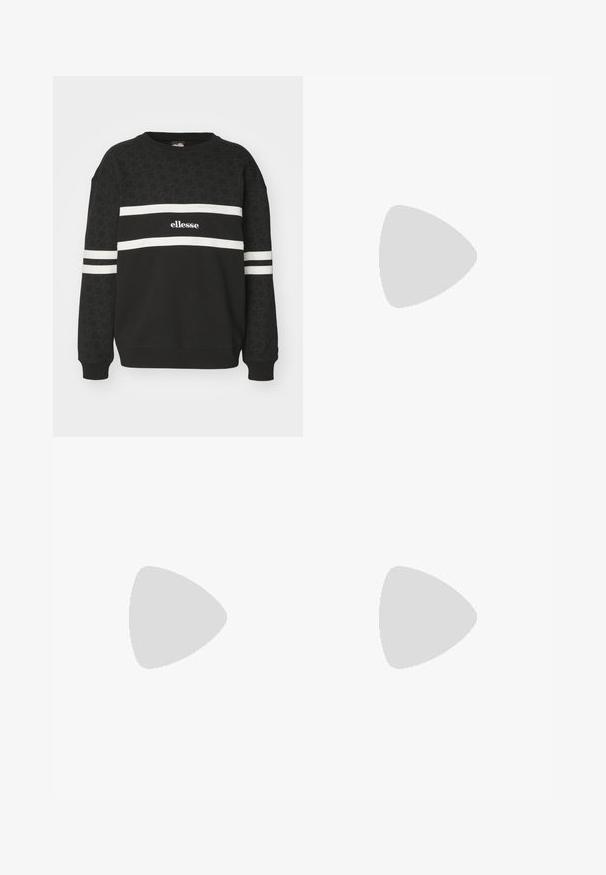 Felpa nera con parte superiore纹理、caratterizzata da un motivo, strisce orizzontali bianche e logo "ellesse" sul petto. Collo a giroclassico.; Tre magliette di cotone bianche semplici con maniche corte. Ogni maglietta presenta un collo rotondo e un piccolo etichetta logo nera sul lato sinistro.; Camicetta a maniche corte bianca e nera con un motivo a logo, pantaloni corti color khaki e scarpe da ginnastica alte nere. Cappello a secchiello beige e cavi visibili.; Sneaker nere in suede con accenti bianchi, caratterizzate da un design low-top, chiusura con lacci e una spessa suola in gomma bianca. Logo del marchio sul tallone.