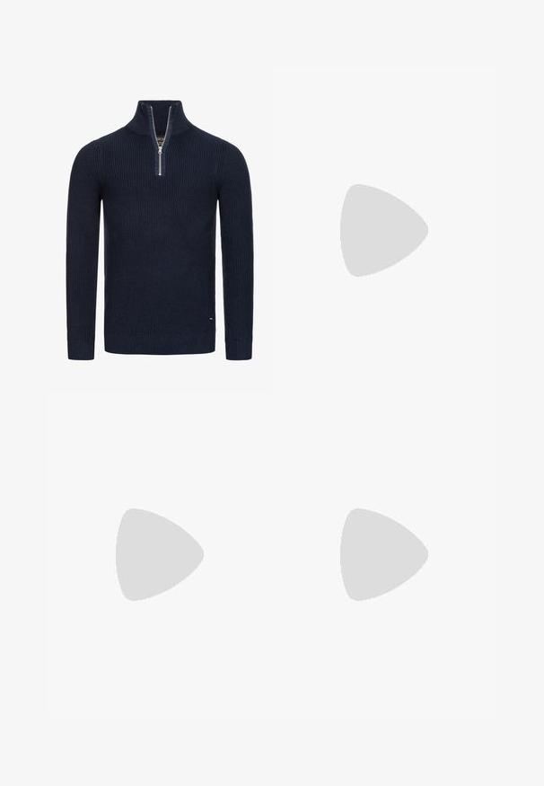 Pulover tricotat de marină cu guler înalt și fermoar până la un sfert. Are o textură ribățată și mâneci ajustate. Branding subtil pe lateral.; Blugi skinny din denim gri estompat, cu detalii uzate la genunchi, asortați cu adidași albi. Textură netedă, design slim fit.; Adidași albaștri din piele cu perforații, vârf rotund, talpă plată și șireturi groase, cu un logo swoosh vizibil și cu inscripția "AIR" pe toc.; Ceas de mână din oțel inoxidabil argintiu cu un cadran albastru marin, marcaje orare metalice și o fereastră pentru dată la ora 3. Rezistent la apă până la 50 de metri.