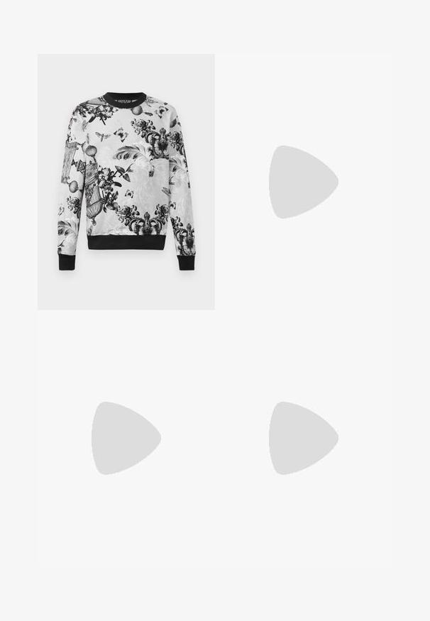 Crewneck sweatshirt in black and white featuring intricate floral and butterfly patterns, textured fabric, and black cuffs and hem.; Black short-sleeve button-up shirt with yellow and gold baroque floral patterns and a front pocket, labeled Versace Jeans Couture inside collar.; Black jogger pants with elastic waistband and cuffs, featuring gold and black floral patterned side panels.; Black leather sneaker with a round toe, lace-up front, smooth texture, thick rubber sole, and contrasting tan interior.