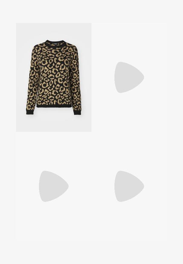 ONLY ONLJADE ANIMAL - Maglione - black/toasted coconut; Pantaloni neri a plissé con vita elasticizzata. Presentano gamba ampia e un tessuto liscio e texture con strisce verticali.; Sandali neri con cinturini, punta quadrata e tacco spesso, realizzati in materiale morbido. Presentano cinturini regolabili alla caviglia e hardware minimal.; Borsa a tracolla nera in pelle con una forma curva, manico rimovibile e accessori dorati. La borsa presenta una patta con un dettaglio a fibbia.