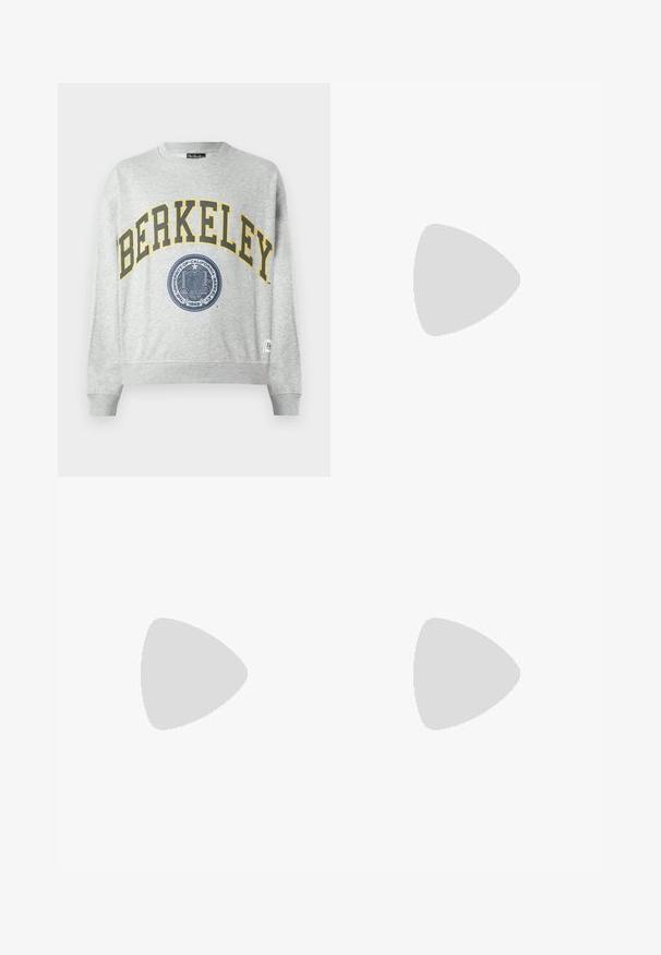 Grijze sweatshirt met een gele "BERKELEY" opdruk en een blauwe zegelafbeelding. Geribde manchetten en zoom, met een label aan de onderlinkerzijde.; Lichtblauwe denim jeans met hoge taille, frontknop, rits en vijfzakkenontwerp, plat gelegd op een neutrale achtergrond.; Witte sneaker met zwarte en grijze accenten, voorzien van een grijze neus met textuur, zwarte rubberen zool en platte witte veters. Schoon ontwerp, minimalistische stijl.; Zwarte leren schoudertas met een ritsluiting, voorzien van een gestructureerd lichaam, witte stiksels en een band met zilveren oogjes.