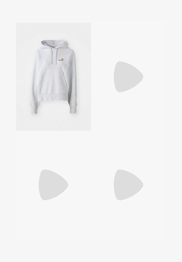 Light gray hooded sweatshirt made of cotton blend fabric, featuring a front kangaroo pocket and a small embroidered logo on the chest.; Black cropped t-shirt made of cotton, featuring short sleeves, a round neckline, and a small white logo on the left chest.; Wide-leg denim jeans made from medium-weight blue cotton fabric. Features classic five-pocket design and a zip fly with button closure.; White leather sneaker with beige suede accents, perforated toe box, flat laces, and a textured cream sole. Features subtle branding on heel.