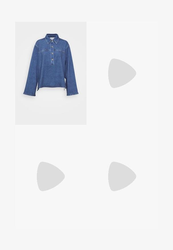 Denim shirt in dark blue with long sleeves, collared neck, five-button placket, and subtle faded texture. Features split side hem.; Black maxi dress with a square neckline, textured fabric featuring floral embroidery, and tassel accents along the hem and sides.; Black leather slip-on mules with a pointed toe, gathered texture, and a small kitten heel. Features a drawstring detail at the opening.; Cream leather clutch bag with a gathered design, featuring a zip closure and a removable adjustable strap. Smooth texture, minimal hardware.