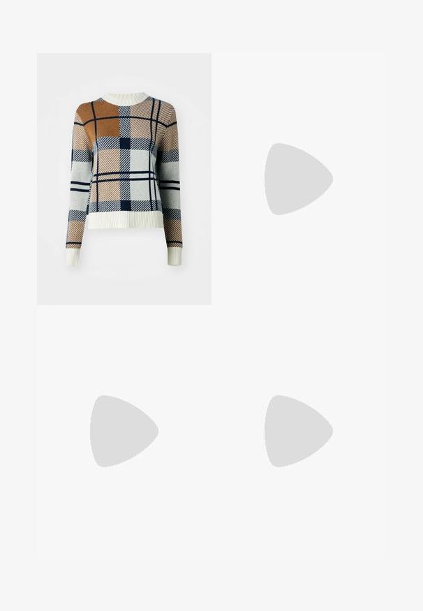 Barbour Maglione - multi; Pantaloni a gamba larga in tessuto crema chiaro, dotati di tasche laterali, frontale liscio e chiusura a un bottone in vita. Texture morbida.; Décolleté slingback a punta in pelle marrone scuro con una texture liscia, dotato di una cintura stretta e di un tacco a stiletto di media altezza.; Borsa a mano in pelle nera con un design strutturato, caratterizzata da una forma corta, manico superiore e accessori in metallo dorato. Inclusa tracolla regolabile.