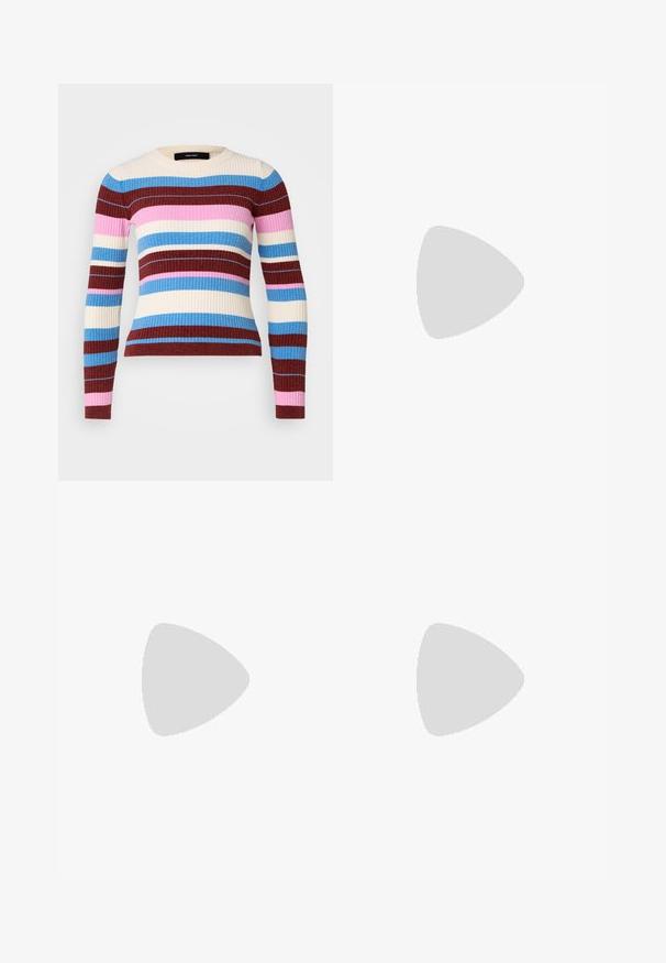 Vero Moda Petite VMCHILI O NECK STRIPE - Pulóver - birch/blue jasper/fired brick/fuchsia pink; Sötétkék, széles lábú farmernadrág, sima tapintással, öt zsebbel és kontrasztos varrással. Elöl gombbal és cipzárral záródik.; Fekete pántos szandál négyzetes orral és alacsony blokk sarkal. Több vékony pánttal és állítható boka pánttal rendelkezik. Sima bőrből készült.; Többszínű kézitáska fekete, fehér és bézs hálós anyaggal. Textúrázott fogantyúval, fűzős dizájnnal és levehető vállpánttal rendelkezik.