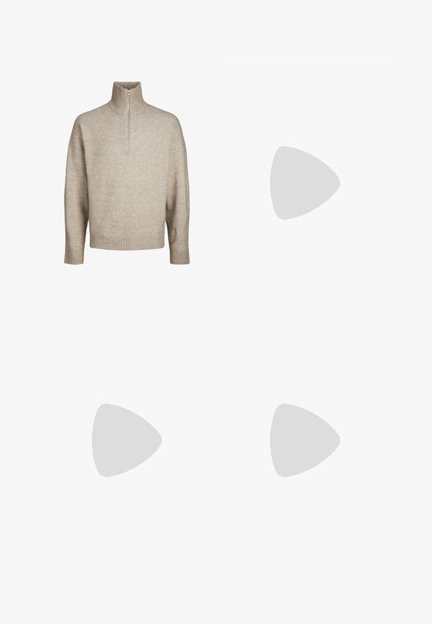 Jack & Jones JOROLLIE HALF ZIP - Strickpullover - atmosphere; Schwarze Jeans aus Denim mit geradem Bein, fünf Taschen und Gürtelschlaufen, mit einer leicht verblassten Textur und Kontrastnähten.; Schwarze Lederloafer mit glatter Oberfläche, ausgestattet mit einem vorderen Riemendetail und einer klobigen Gummisohle mit gerippten Akzenten.; Silberne Analog-Uhr mit achteckigem Gehäuse, grauem Zifferblatt, silbernen Stundenmarkierungen und einem Armband aus Edelstahl. Minimalistisches Design mit glatter Textur.
