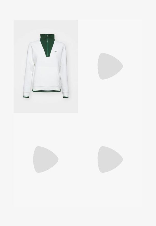 Valkoinen huppari, jossa on vihreä korkea kaulus ja vetoketju, kangaroo-tasku sekä raidalliset vihreät yksityiskohdat hihansuissa ja helmassa. Lacoste-logo esillä.; Valkoinen puuvillatee-paita, jossa on pyöreä pääntie, lyhyet hihat ja pieni laivastonsininen logo vasemmassa rinnassa. Tasainen rakenne, rento muotoilu.; Valkoinen laskostettu hame, jossa on tummansiniset vyötärö ja helma. Ominaisuuksiin kuuluu pehmeä kankaan, jossa on vaakasuorat raidat vyötäröllä, suunniteltu mukavuuden takaamiseksi.; Valkoinen urheilukenkä, jossa on verkkokangasta ja synteettisiä materiaaleja, harmaat yksityiskohdat ja nauhat, teksturoitu pohja, kaareva muotoilu ja logoyksityiskohta.