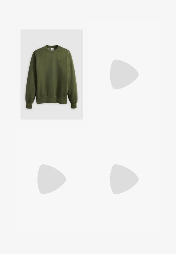 Sweatshirt verde cu guler rotund, realizat dintr-un material moale, având manșete ribă și un mic logo brodat pe piept. Croială clasică, fără modele.; Pantaloni cargo negri, confecționați dintr-un material rezistent, cu buzunare laterale, închidere cu nasture și un design slim fit. Textură fină, cu detalii minime.; Adidași negri cu un superior sintetic neted, vârf rotund, șireturi plate și un toc din cauciuc cu nervuri. Design minimalist, cu accente cusute.; Ochelari de soare dreptunghiulari verzi, cu lentile întunecate solide, rame groase transparente și un finisaj ușor lucios. Accente pe temple.