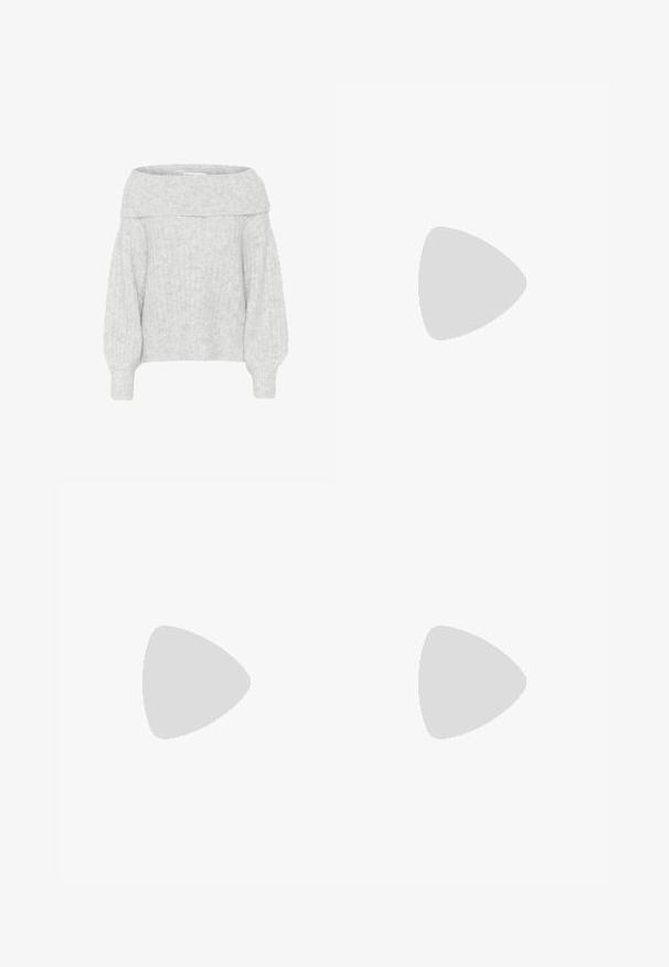 Maglione grigio chiaro scollato sulle spalle con texture a coste e maniche ampie. Materiale morbido e peloso e vestibilità morbida per il massimo comfort.; Pantaloni a gamba larga in cotone beige chiaro. Caratterizzati da vita alta, tasche anteriori e un taglio dritto. Orlo pulito senza motivi.; Scarpa slingback nera con punta affilata e tacco basso, realizzata in pelle liscia e con un design a taglio laterale per favorire la traspirabilità.; Borsa a tracolla in pelle bianca con forma curva, dotata di un logo "CK" impresso sul davanti e una singola tracolla. Chiusura a zip nella parte superiore.