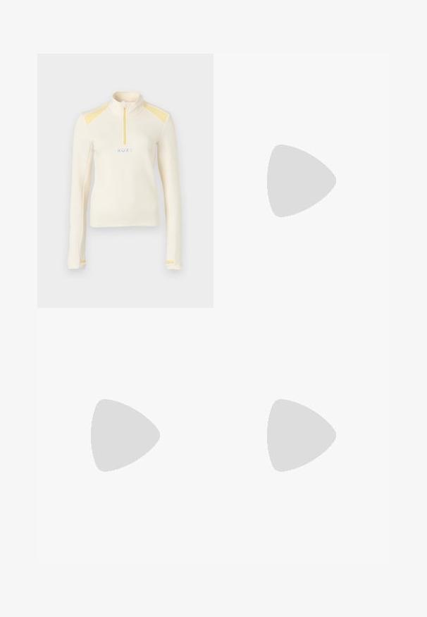 Bílý dlouhý pulovr s vysokým límcem, žlutými akcenty na ramenou a malým zipem. Na přední straně lze vidět logo "ROXY" v modré barvě.; Tmavě šedý žebrovaný top bez rukávů s vysokým límcem. Má přiléhavý střih a hladkou texturu. Viditelná značka.; Žlutá košile s dlouhým rukávem a knoflíky, který má vertikální pruhy v purpurové barvě. Hladká tkanina s klasickým límečkem a rovně střiženým siluetou.; Žlutá krajková maxi sukně s vlnkovaným vzorem, s hladkým pasem a jemnou, průsvitnou texturou. Navržena pro vzdušný siluetu.; Beige síťované a syntetické tenisky s bílou podrážkou, se šněrováním a šedým logem, na zeleném pozadí.; Žlutá kožená kabelka s hladkou texturou, vybavená stříbrnými kovovými detaily, nastavitelným popruhem a akcentem s logem na přední straně.