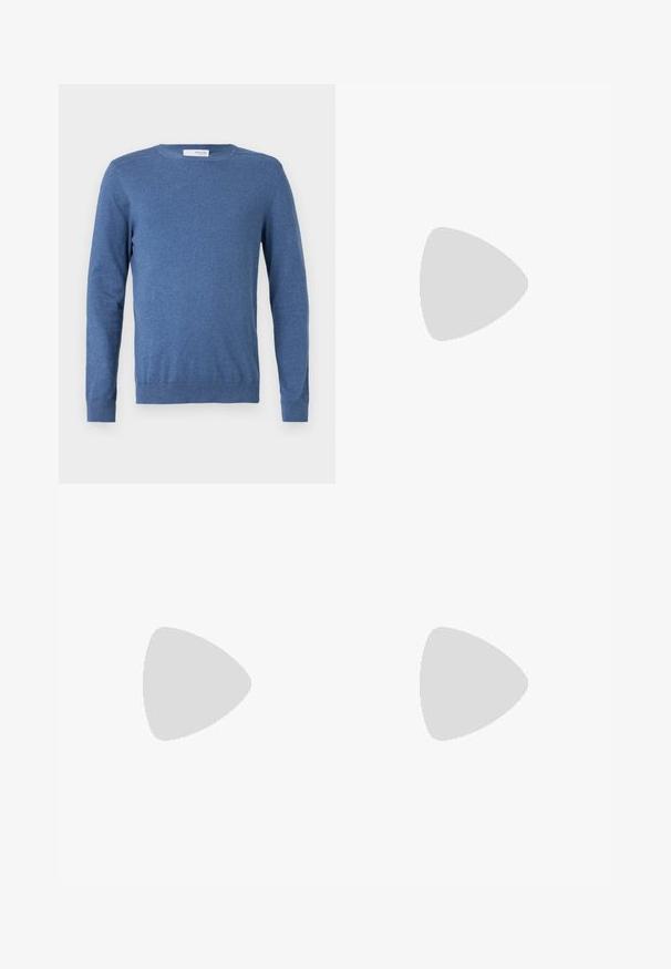Blue long-sleeve sweater made of soft fabric. Features a crew neck, ribbed cuffs, and a fitted design with no patterns or additional detailing.; Short-sleeve shirt in light brown knit fabric with diamond patterns, featuring a collar and button-up front with brown buttons.; Black tailored trousers with a straight fit, made from smooth fabric. Features belt loops and crease detail along the front.; White leather sneakers with a smooth finish, rounded toe, flat laces, and a textured sole. Grey suede accent at the heel.; Clear plastic sunglasses with rectangular brown lenses, featuring thin, transparent arms and metal accents on the temples.