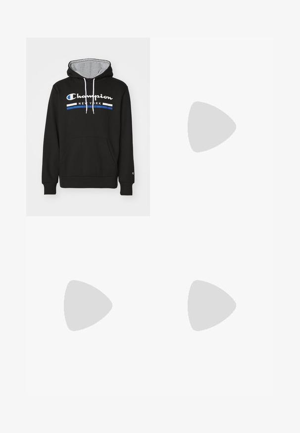 Champion GRAPHIC HOODIE - Felpa con cappuccio - black; T-shirt bianco in cotone con collo rotondo, maniche corte e logo "Champion" ricamato in nero sul petto e sull'accento della manica.; Shorts sportivi neri con cintura elastica, design a strati e foderatura interna aderente. Presentano un logo discreto sul lato inferiore.; Scarpa atletica bianca con accenti grigi chiari, materiali in rete e suede, punta arrotondata, suola testurizzata e logo del marchio visibile sul lato.